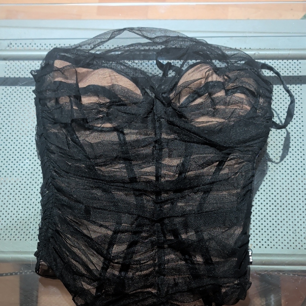 Versace 90s "Bondage" Silk Black Mesh Top